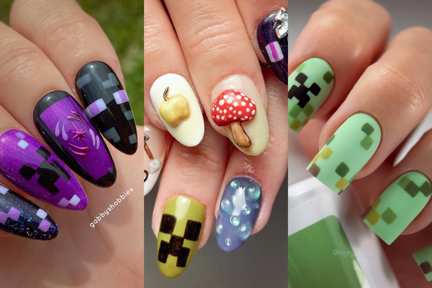collage with three nail looks inspired by minecraft