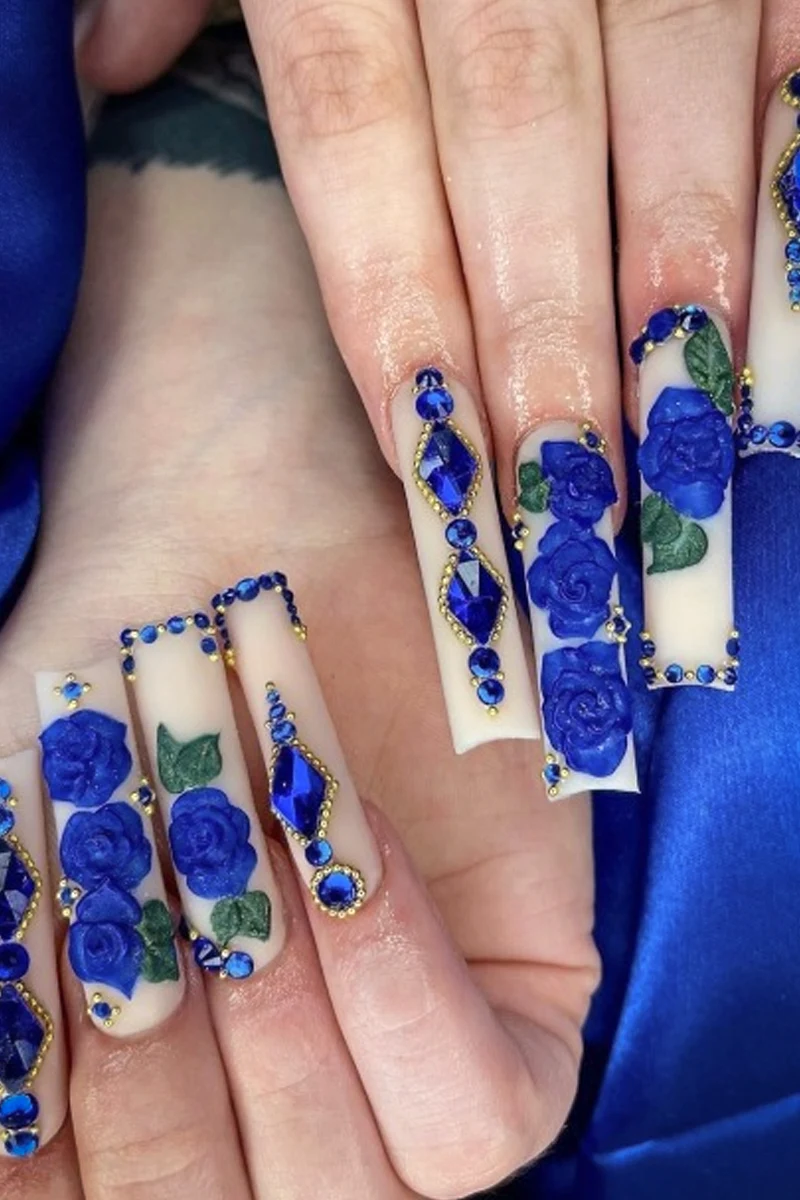 Blue clay Roses on Milky Nude nail base