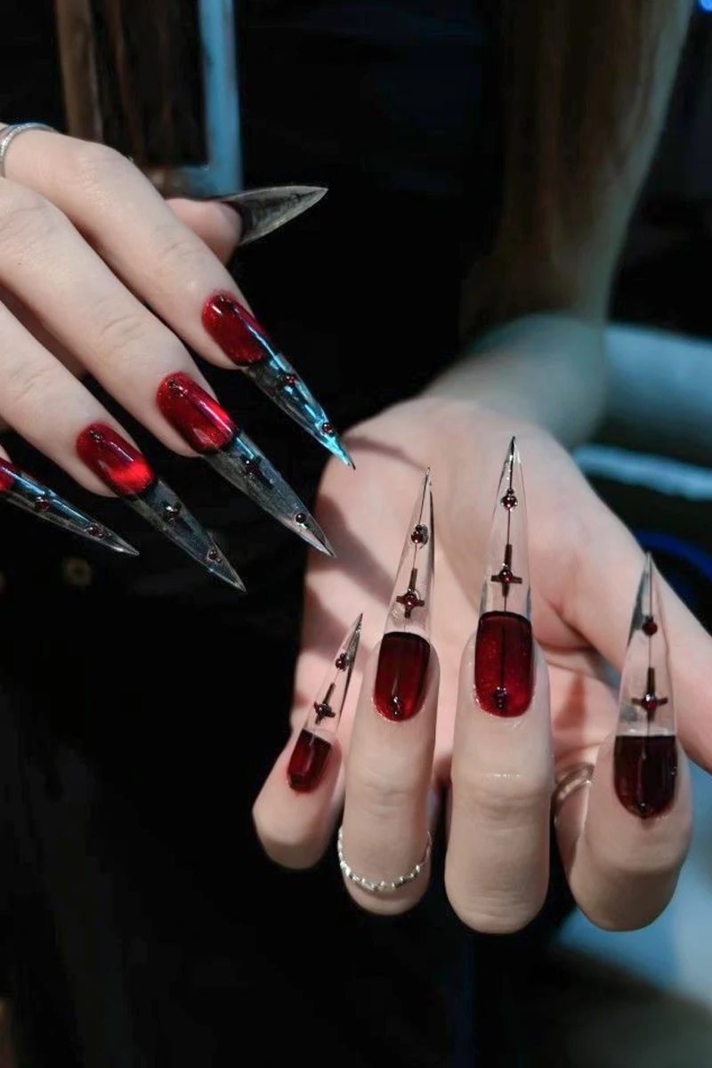 Crimson to Clear Nails with Crosses