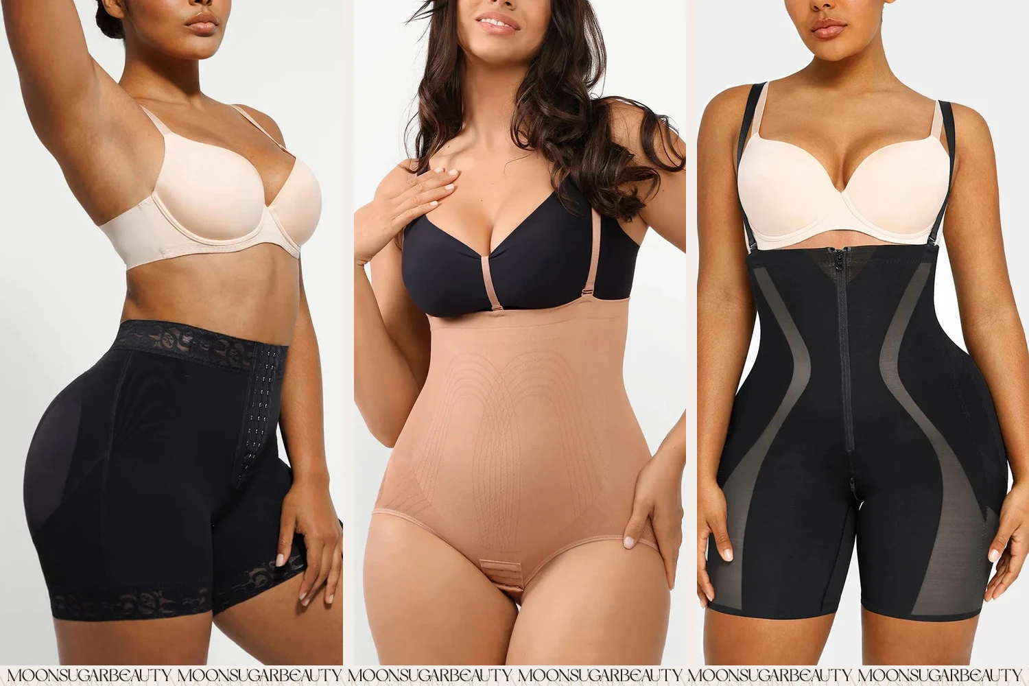 three women in butt lifter shapewear