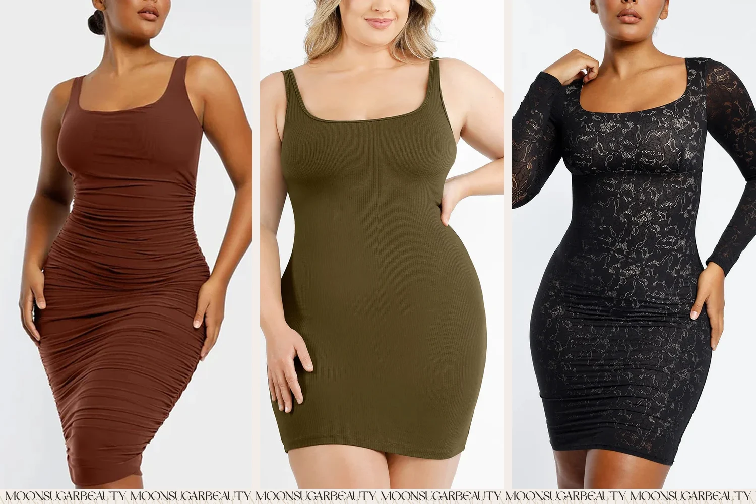 three women in built-in shapewear dresses