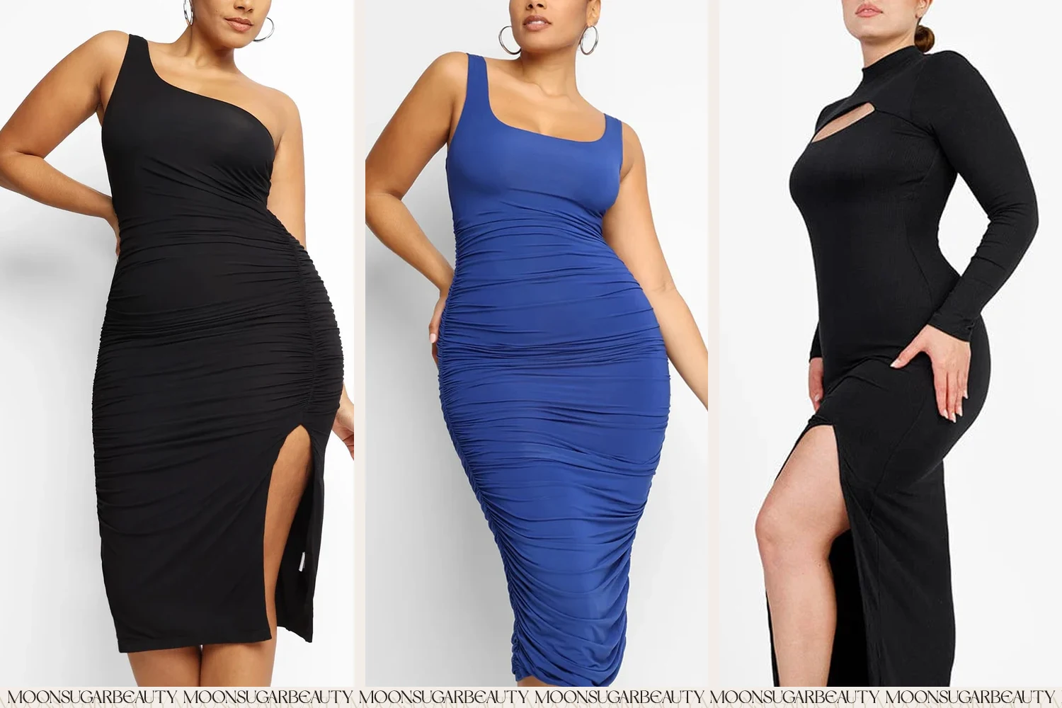 three women wearing slip dresses