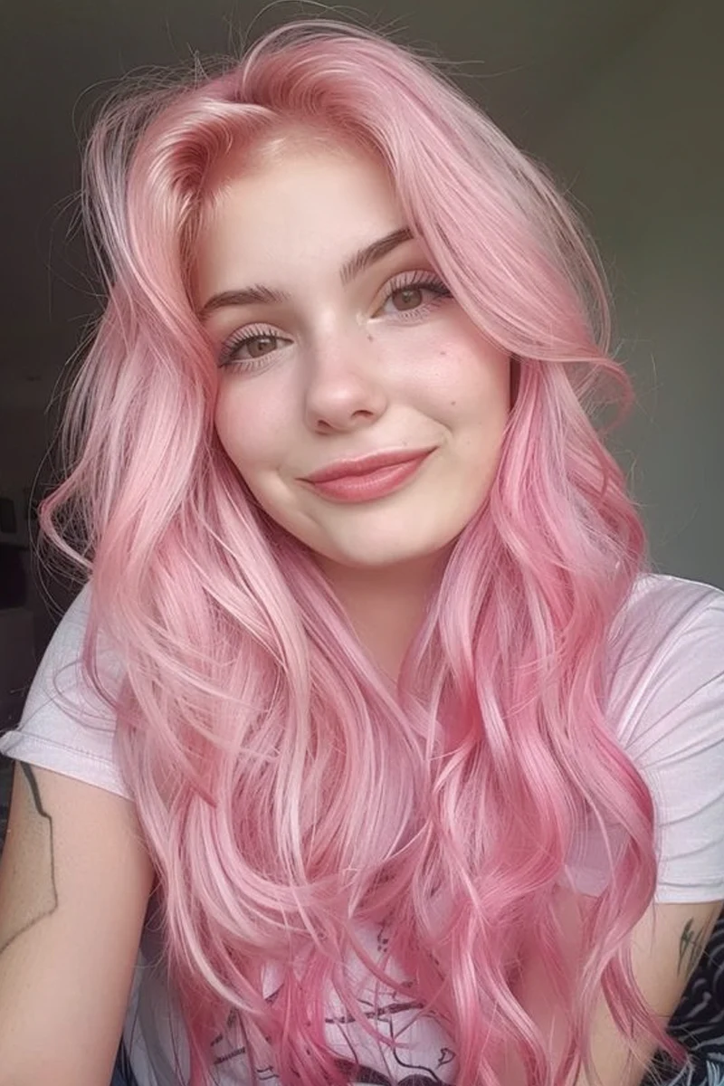 a portrait of a beautiful woman with a cotton candy hair